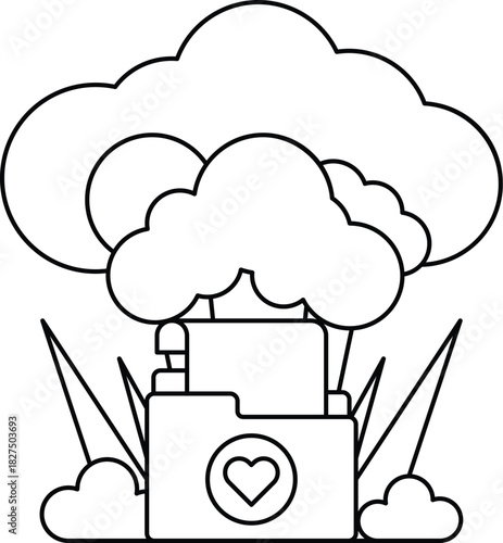 A white and black drawing of a cloud with a heart and a file cabinet