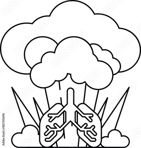 A black and white drawing of a cloud with a pair of lungs in the middle