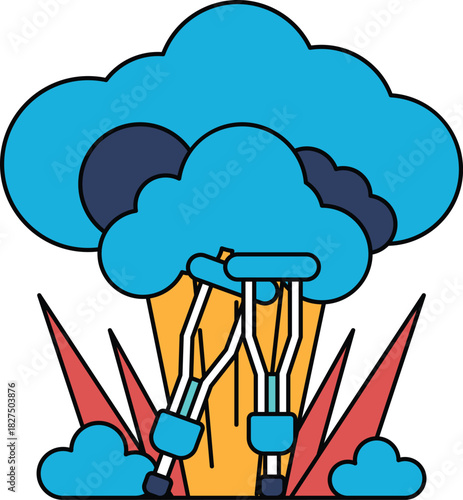 A black and white drawing of a tree with two crutches on it