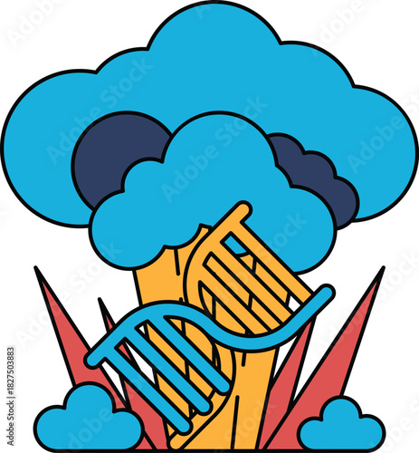 A black and white drawing of a cloud with a DNA strand in the middle