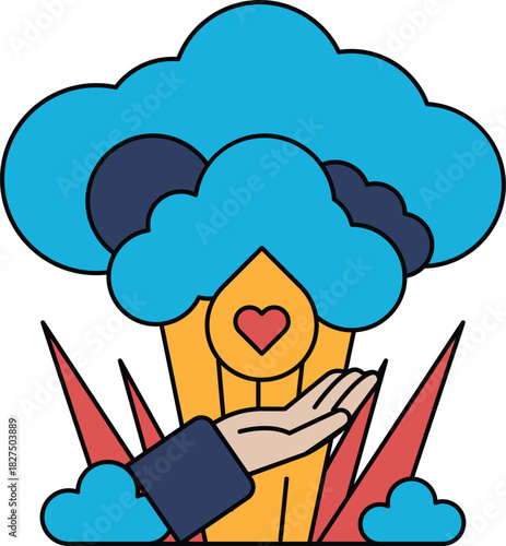 A hand is holding a heart in front of a cloud