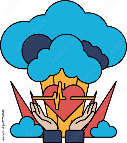 A black and white drawing of a heart surrounded by hands and a cloud