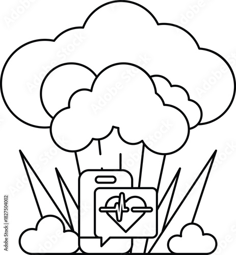 A white and black drawing of a cloud with a heart and a box with a heart on it