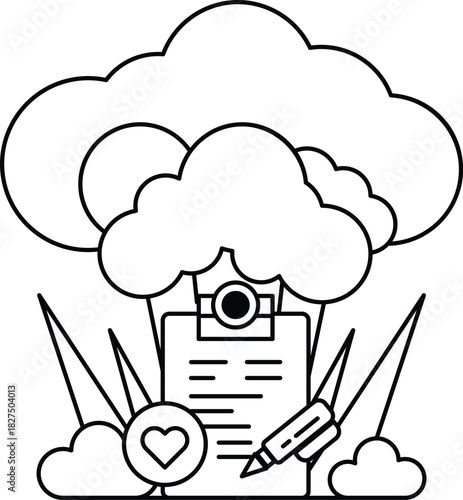 A white and black drawing of a cloud with a clipboard and a pen