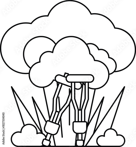 A black and white drawing of a tree with two crutches on it