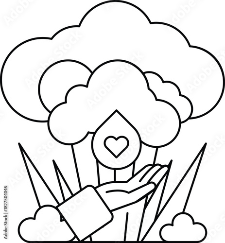 A hand is holding a heart in front of a cloud