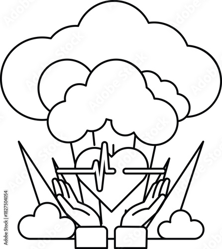 A black and white drawing of a heart surrounded by hands and a cloud