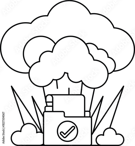 A white background with a cloud and a box with a check mark on it