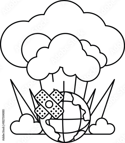 A black and white drawing of a planet with a large cloud and a small one