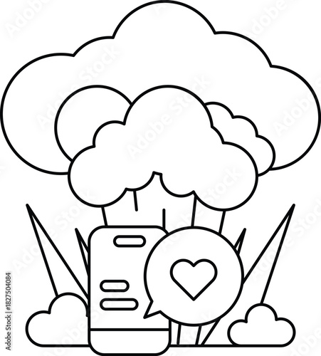 A white and black drawing of a cloud with a heart and a cell phone