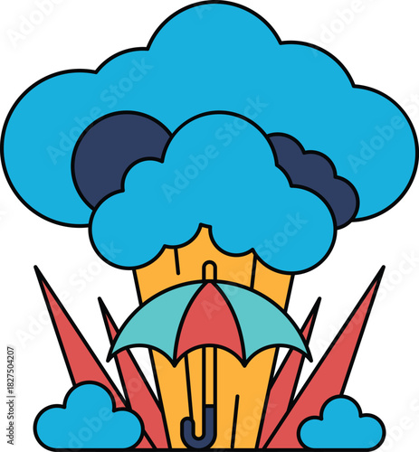 A black and white drawing of a cloud with an umbrella in the middle