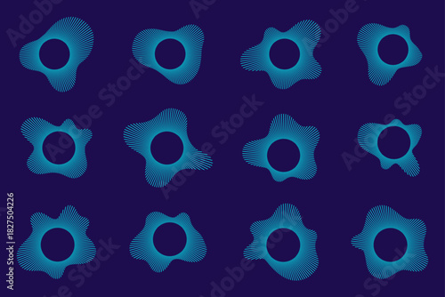 Sound wave circular pattern with neon radial lines and audio ripple effect. Soundwave icon with concentric rings in cyan with burst design for music logo or abstract background illustration.
