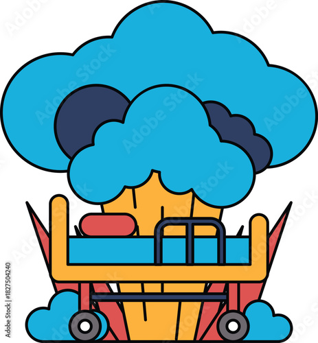 A cartoon of a hospital bed with a wheeled cart next to it