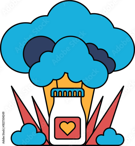 A bottle with a heart on it is surrounded by clouds