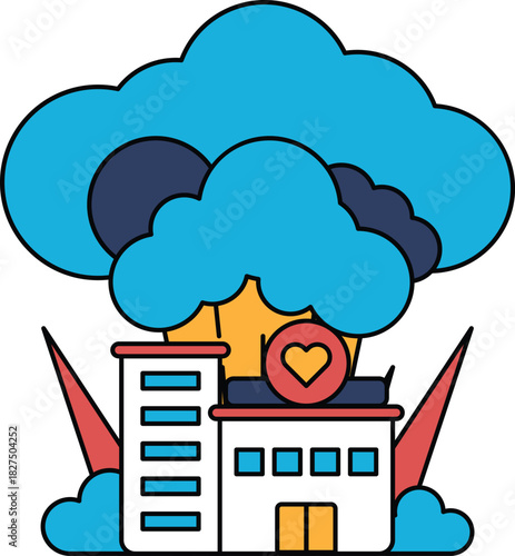 A building with a heart on it is surrounded by clouds