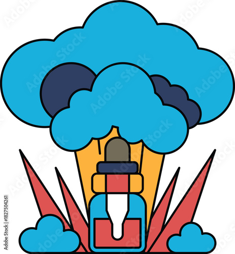 A cartoon of a cloud with a bottle of something in the middle