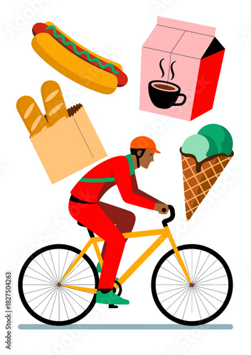 A vibrant illustration of a cyclist delivering snacks like hot dogs, coffee, and ice cream, capturing the essence of modern urban living and the joy of tasty treats on the go.