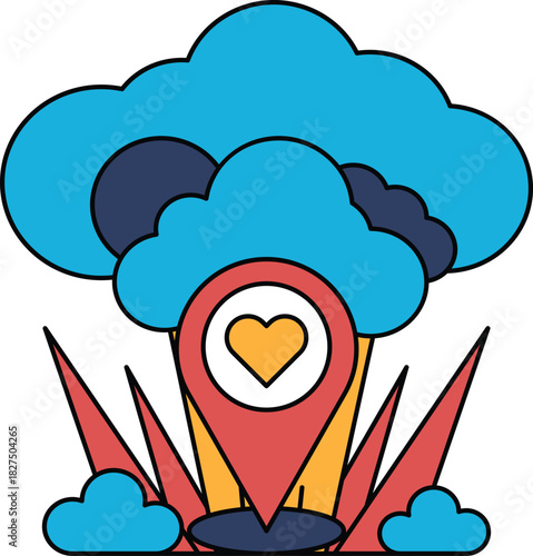 A cloud with a heart in the middle and a map on the right