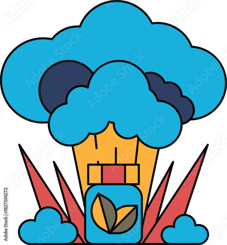 A white and black drawing of a cloud with a green bottle in the middle