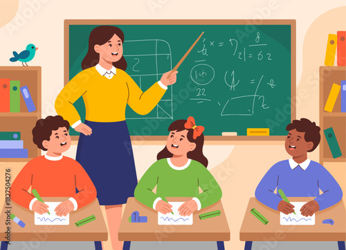 This lively illustration depicts a teacher engaging with students in a classroom setting, promoting interactive learning with a chalkboard and various educational tools.