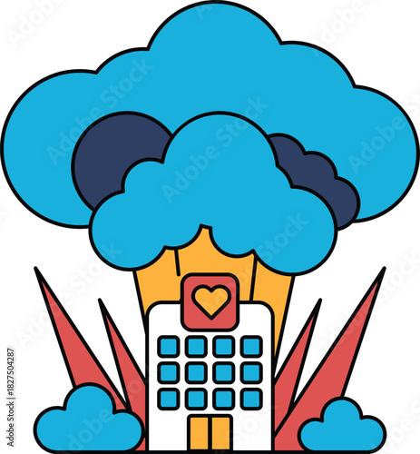 A building with a heart on it is surrounded by clouds