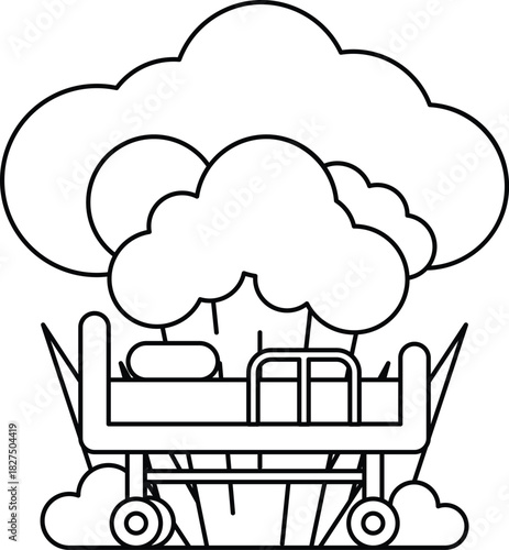 A cartoon of a hospital bed with a wheeled cart next to it