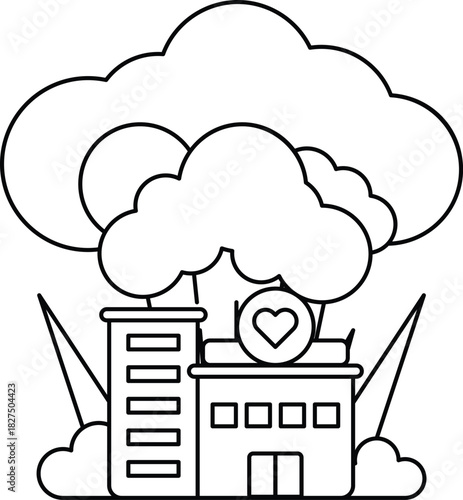 A building with a heart on it is surrounded by clouds