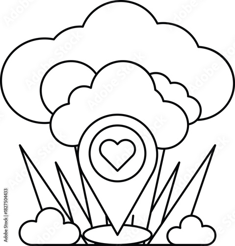 A cloud with a heart in the middle and a map on the right