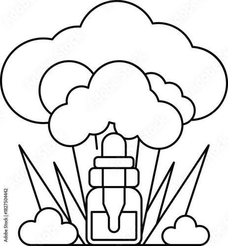 A cartoon of a cloud with a bottle of something in the middle