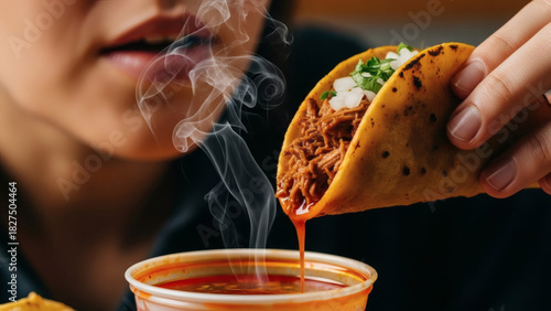 Extreme Close-up of Birria Taco Being Dipped into Hot Consommé. Steaming Shredded Beef Quesa Taco with Sauce Dripping. Authentic Mexican Comfort Food and Appetizing Food Experience.