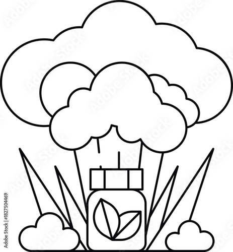 A white and black drawing of a cloud with a green bottle in the middle