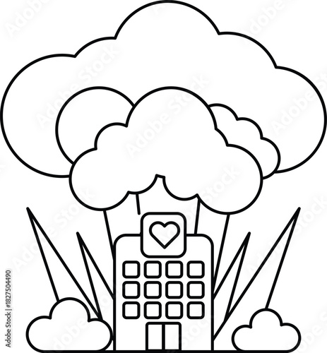 A building with a heart on it is surrounded by clouds