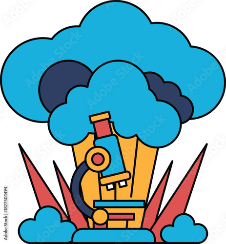 A black and white drawing of a microscope and a cloud