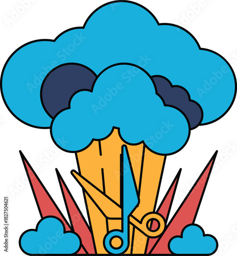 A black and white drawing of a cloud with scissors in the middle