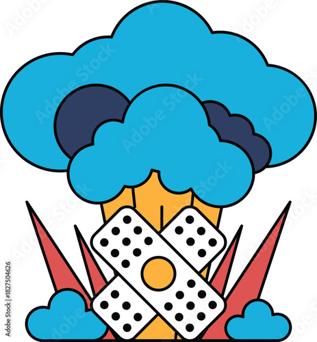 A black and white drawing of a cloud with a bandage on it