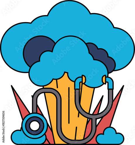 A black and white drawing of a doctor's stethoscope and a cloud