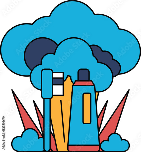 A cartoon of a toothbrush and toothpaste with a cloud in the background