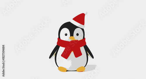 Adorable Christmas penguin wearing Santa hat and red scarf isolated on white, festive winter holiday cheer, perfect for seasonal greetings and joyful projects