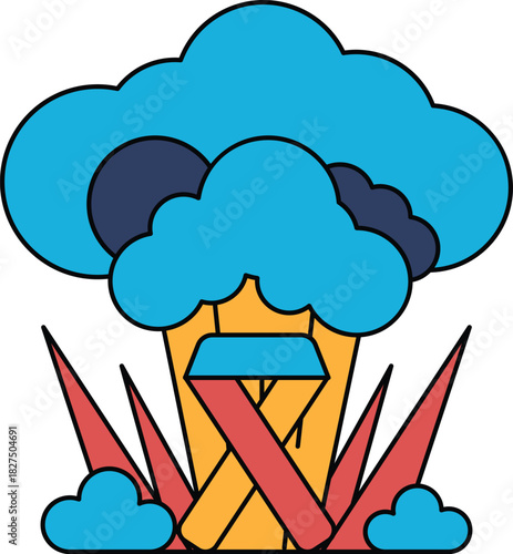 A white and black drawing of a cloud with a cross on it