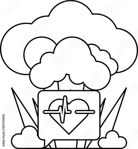 A black and white drawing of a heart with a heart monitor on it