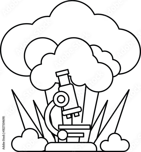 A black and white drawing of a microscope and a cloud