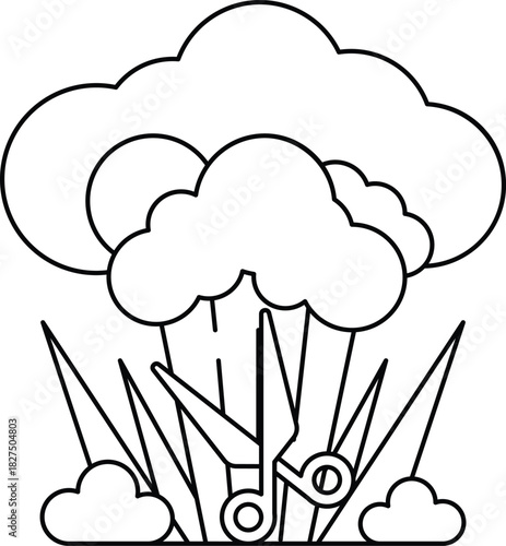 A black and white drawing of a cloud with scissors in the middle