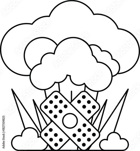 A black and white drawing of a cloud with a bandage on it
