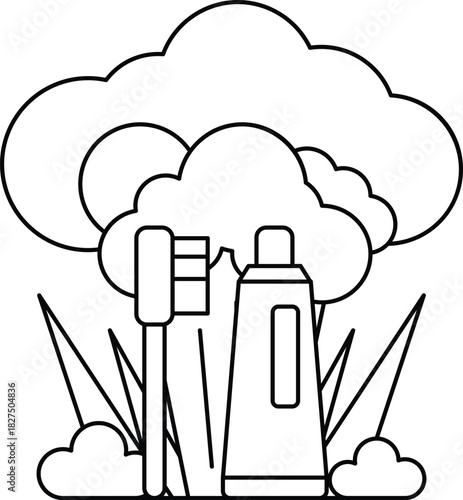 A cartoon of a toothbrush and toothpaste with a cloud in the background