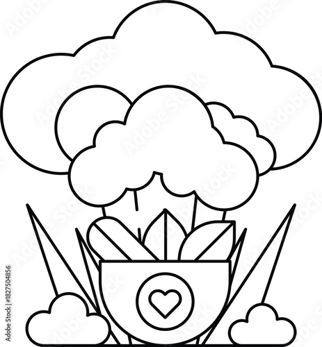 A drawing of a broccoli plant with a heart in the pot