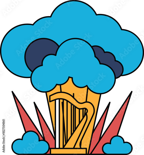 A white background with a black and white drawing of a cloud with a harp