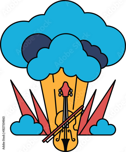 A black and white drawing of a cloud with a violin and a cello in the middle