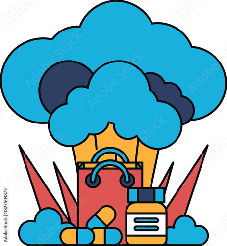 A black and white drawing of a cloud with a bag and a bottle of pills