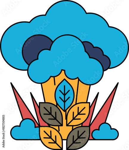 A black and white drawing of a cloud with a leafy green plant in the foreground