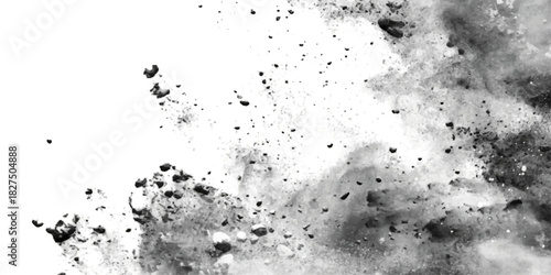 Grunge black and white distressed texture with scattered speckles and blotches for abstract background. dynamic display, sending dust and debris flying into the air against a clean white backdrop.	
